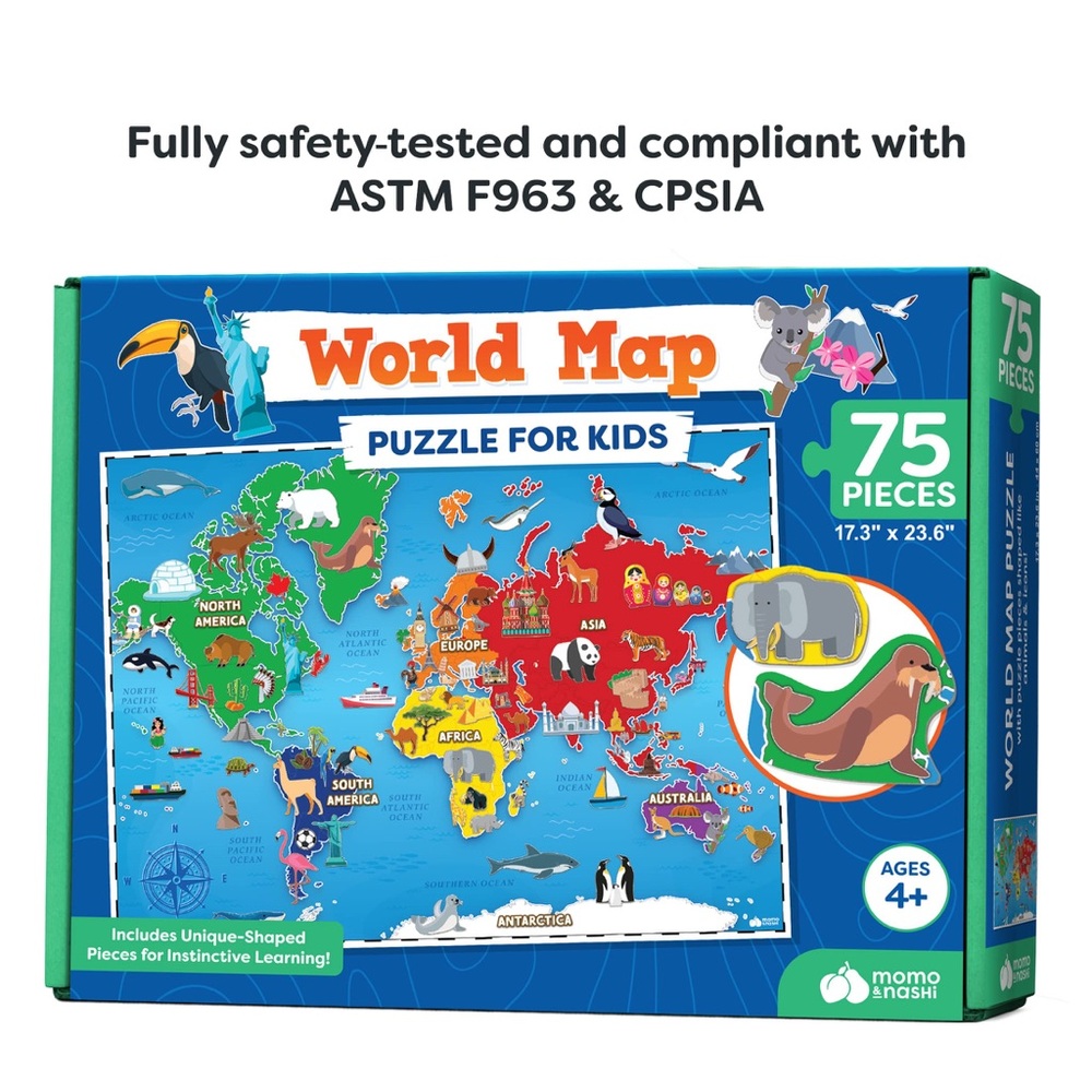 World Map Puzzle for Kids 75 Piece World Continents - Childrens Jigsaw Geography